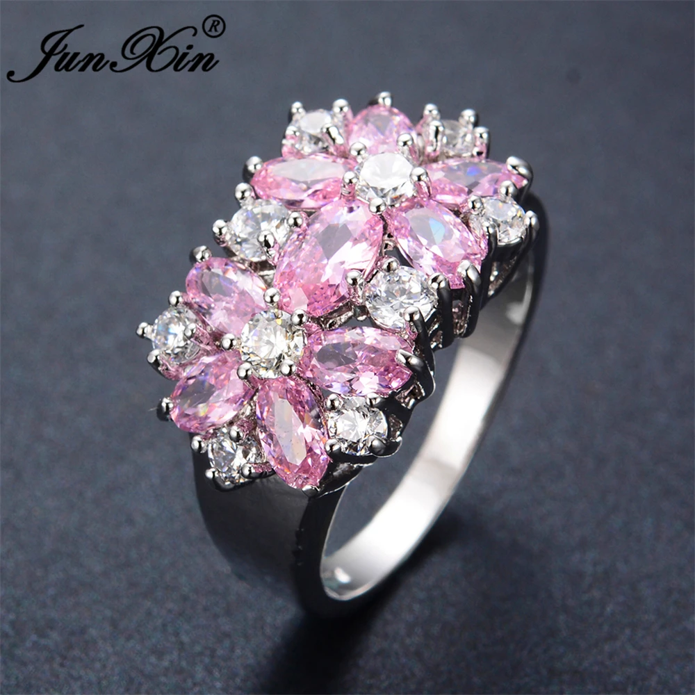 

JUNXIN Fashion Female AAA Zircon Ring Princess Pink Ring White Gold Filled Jewelry Vintage Wedding Engagement Rings For Women