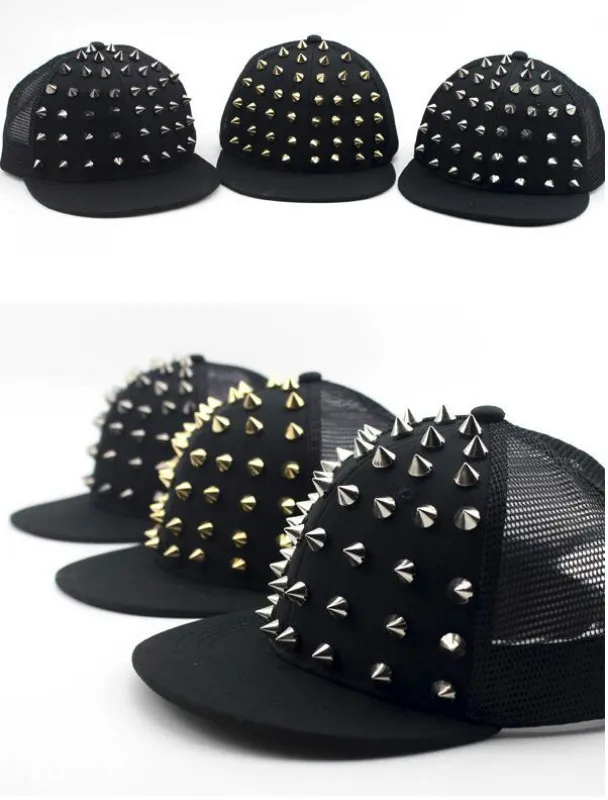 Который в душ черный заклепки хип-хоп кепка для мальчиков модные к поп-Кепка с прямым козырьком летняя детская хип-хоп шляпа с сеткой