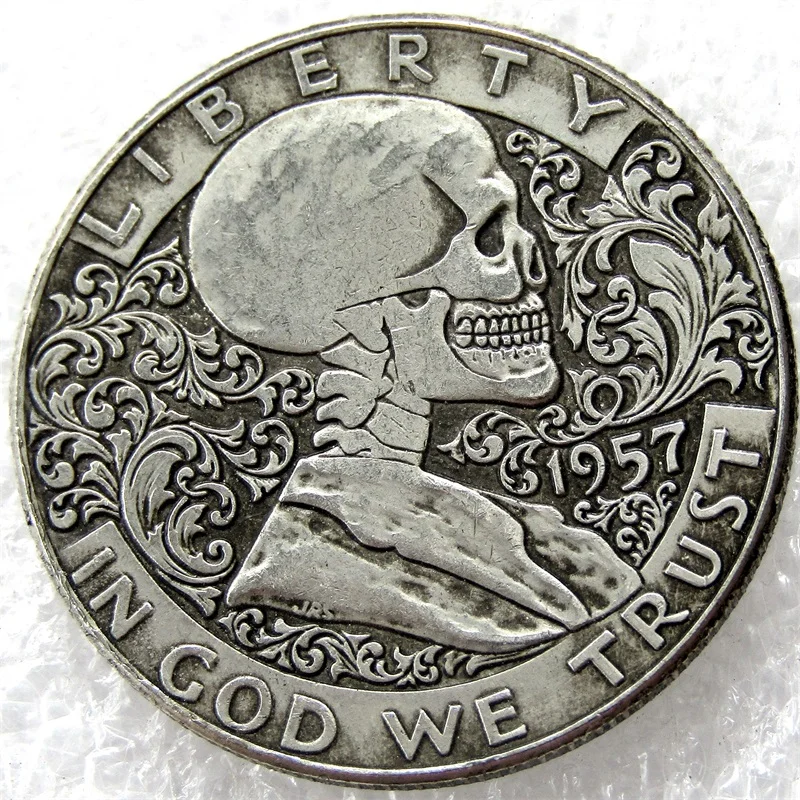 

Hobo Creative 1957 Franklin Silver Half Dollar skull zombie skeleton hand carved Copy Coins
