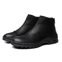Нескользящая обувь с круглым носком в стиле ретро, Черные ботильоны, повседневная обувь, ботинки на платформе из натуральной кожи, Мужская Уличная обувь