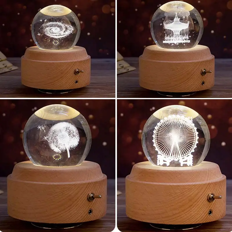 Caja de música de bola de cristal de Luna caja de música luminosa de madera manivela de mano mecanismo giratorio innovador para regalo de cumpleaños