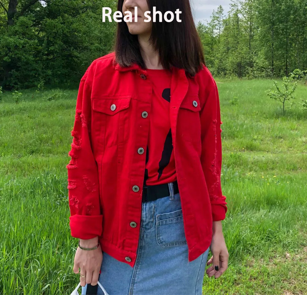 Finest 2020New Plus Size 4xl 5xl Ripped Black Denim Jacket Women Streetwear BF Pink Red White Lover's Jean