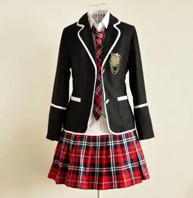 Japanese School Girl Uniform Cosplay Costume Black Red Tartan Dress Surcoat