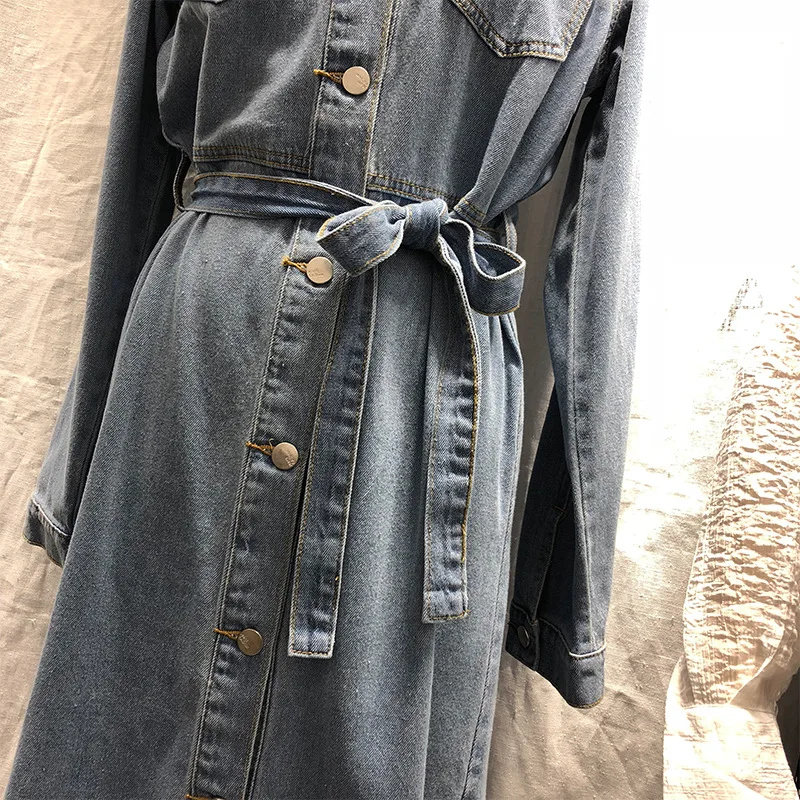 WSYORE Vintage Mid-long Jeans Dress 2019 New Spring and Autumn Women Wild Single-breasted Casual Denim Dress Female NS1042