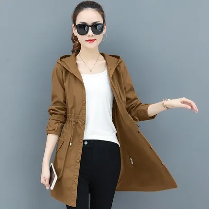 Spring Autumn Trench Coat Women Full Sleeve Thin Overcoat Medium Long Windbreaker Female New Temperament Hooded Clothing - Цвет: caramel colour