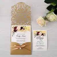 50 stücke Gold Neue Ankunft Horizontale Laser Cut Hochzeit Einladungen mit perle band, RSVP karte, Anpassbare