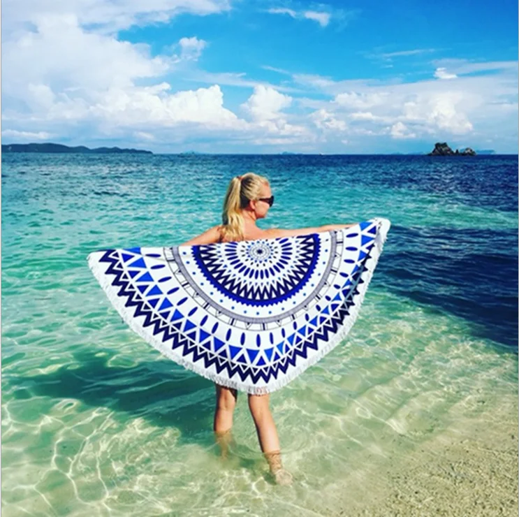 

150cm Round Beach Towel Summer Vacation Seaside Shawl Bath Towel Large Geometry Polyster Cloth With Tassels Beach Blanket