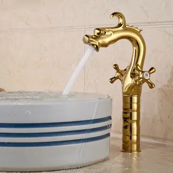 

Newly Luxury Dragon Style Sink Faucet Dual Handles Golden Tall Basin Faucet Vessel Mixer Tap