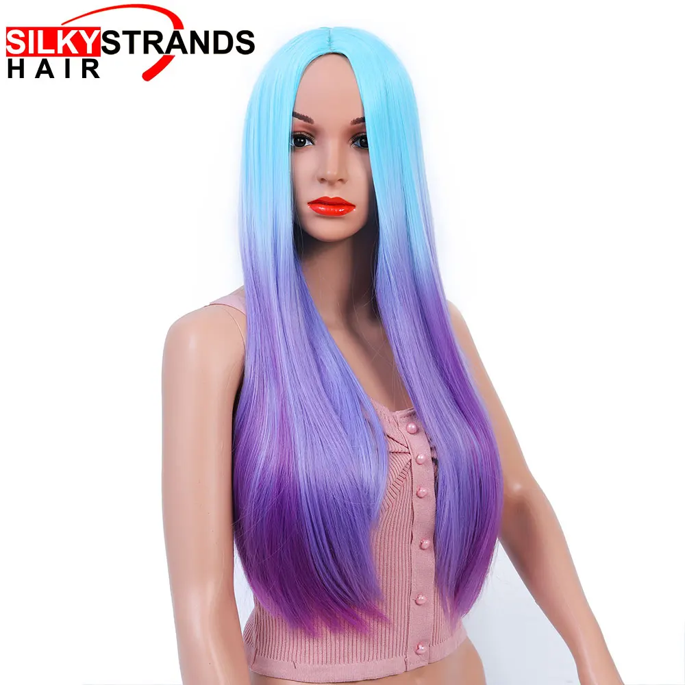 Ombre синтетические парики для косплея шелковистые нити Фиолетовый Синий Длинные прямые женские парики для женщин