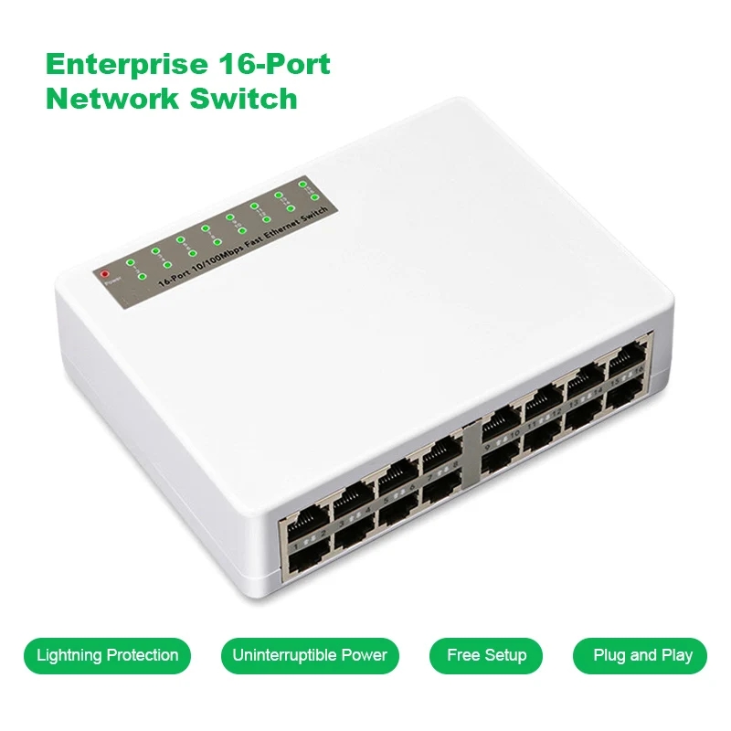 

Professional 16 Ports Network Switch Fast Ethernet LAN RJ45 Vlan Switcher 10/100Mbps Hub for Desktop PC with EU/US Adapter Terow