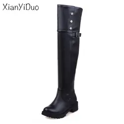 Xianyiduo зима Для женщин обувь до колена Высокие сапоги круглый носок на молнии Короткие Плюшевые ботинки на среднем каблуке Большие размеры