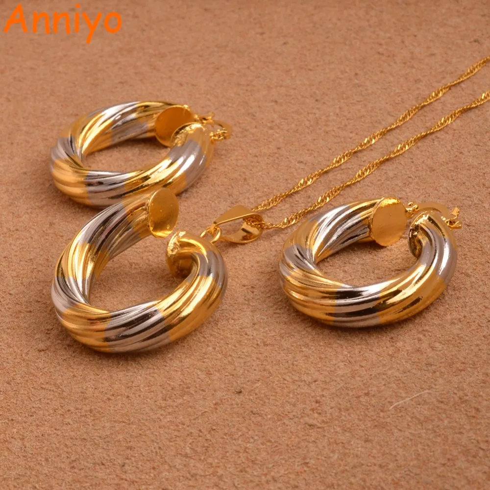 

Anniyo Round Charm Pendant Necklace Earrings set Women,Two Tone Gold/Silver Color Jewelry Africa/Arab/Middle East Gifts #093306