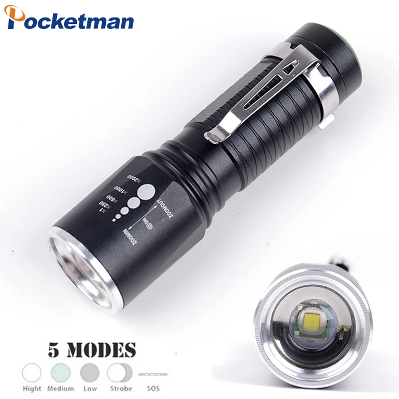 

Powerful Zoomable XM-L T6 Flashlight 8000Lumens 5 Modes Waterproof Torch Tactical Flashlight Aluminum 18650 or AAA Battery