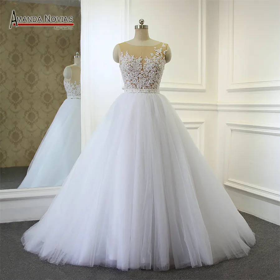 

2019 Amanda Novias Sleeveless Crystal Beading Sashes Wedding Dresses Vestidos De Novia Robe De Mariage