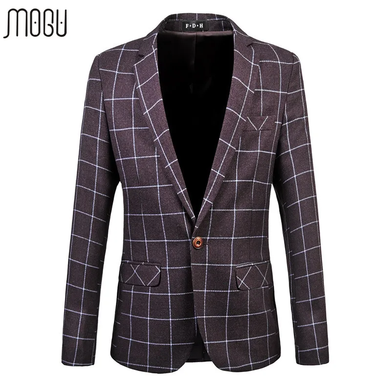 MOGU 2017 Fitted Men Blazers Plus Size 6XL Men Cotton Blazer Plaid Slim