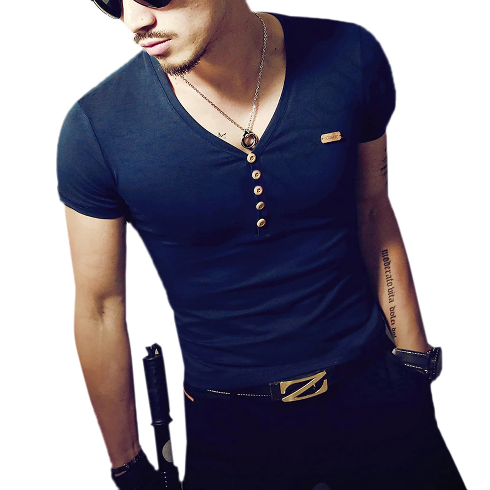 Henley Shirt Men Summer Solid Short Sleeve Slim Fit Buttons T shirt Men