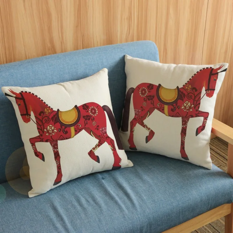 

Modern Decorative Red House Flower Pattern Ancient Greek Trojan Horse Print Sofa Decoration Pillow Cases Linen Cushion Covers