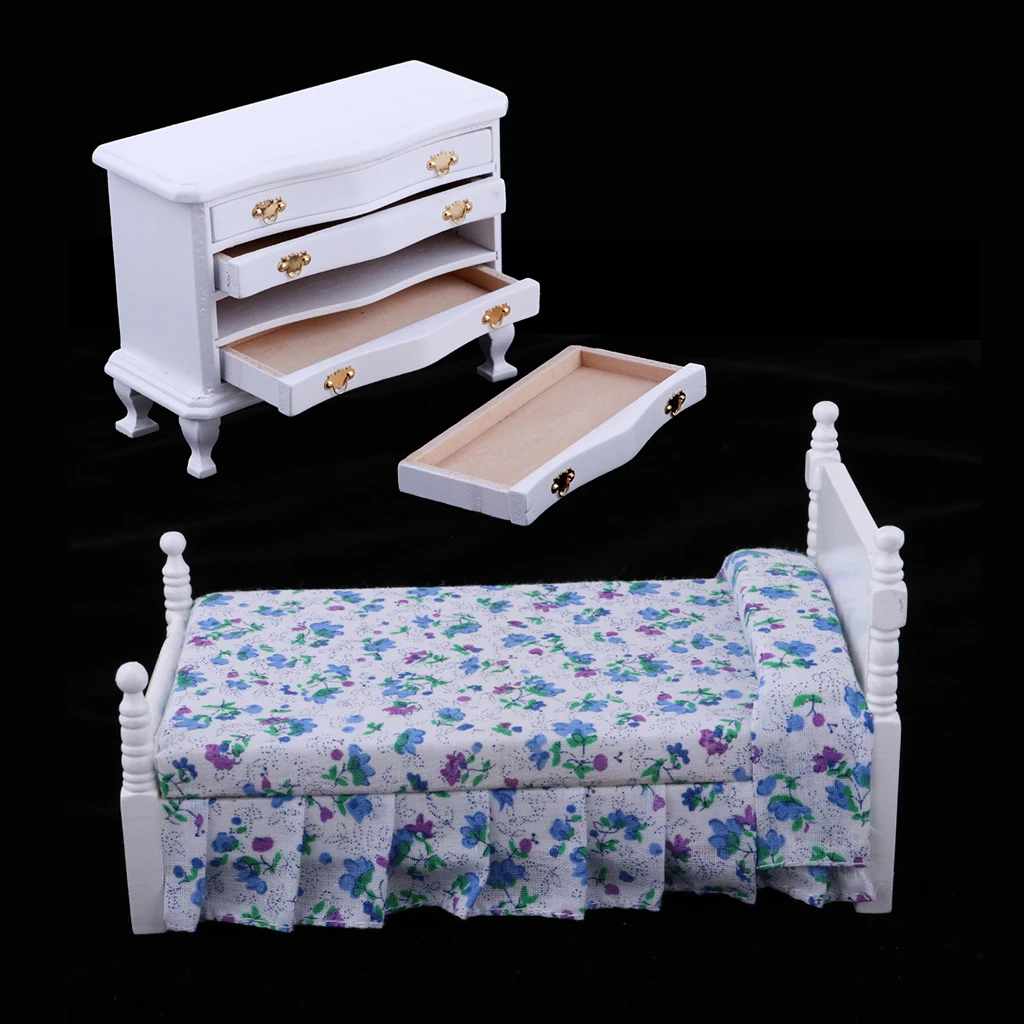 1:12 Кукольный домик, мебель для спальни, аксессуар, односпальная деревянная кровать с шкафом, 2 шт