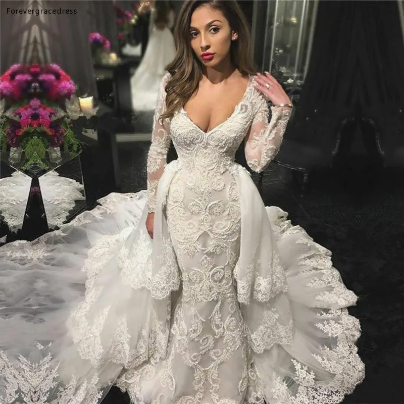 

New Arrival African Saudi Arabic Long Sleeves Wedding Dress Mermaid V Neck Garden Country Church Bride Bridal Gown Custom Made