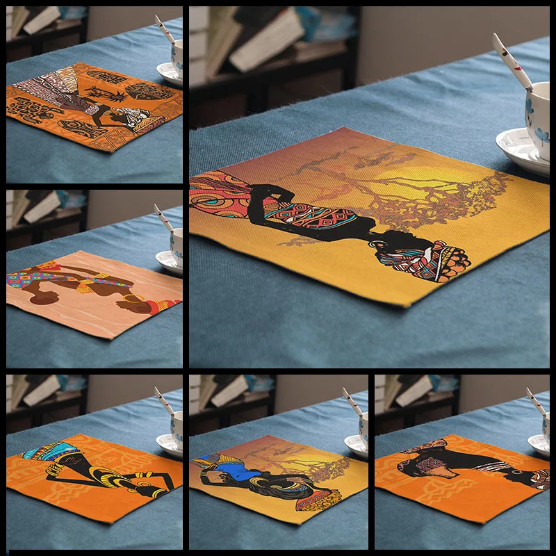 

waterproof Kitchen Table Mats Cotton Linen Table National Wind African style Cartoon character africa Decorative Placemats