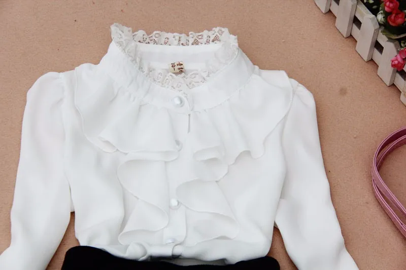 Весенне-осенняя шифоновая кружевная блузка для маленьких девочек 2-16 лет белая одежда Детская школьная рубашка с длинными рукавами для девочек топы для детей, 1589