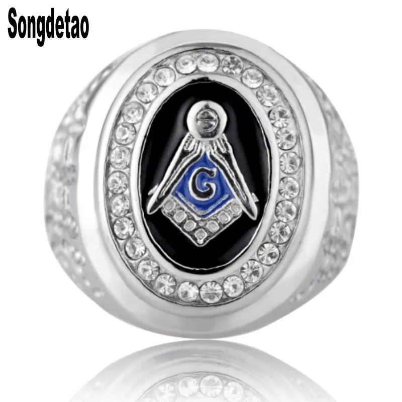 Mens Fashion Blue Lodge Mason Freemason Ring Stainless Steel White Gold