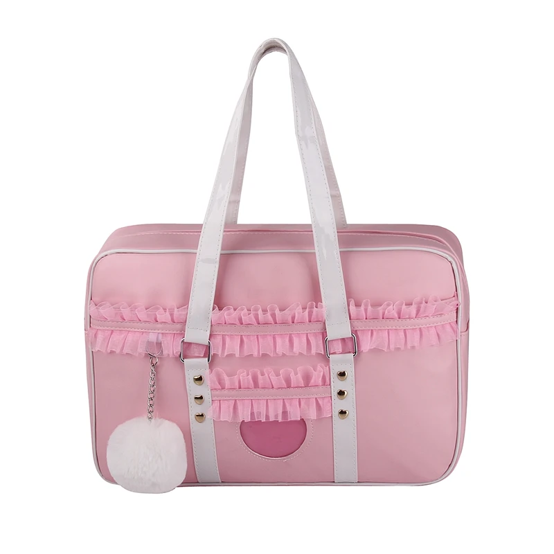 

New Arrival Japanese Cute Lolia Uniform Pink Handbags Lacework Women Kawaii Messenger Bags Transparent Love Tote Bag