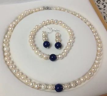

2015 new Charming women hot sale 8-9mm White Pearl Lapis Beads Necklace Bracelet Earring Set 18" Jewelry Wholesale and retail