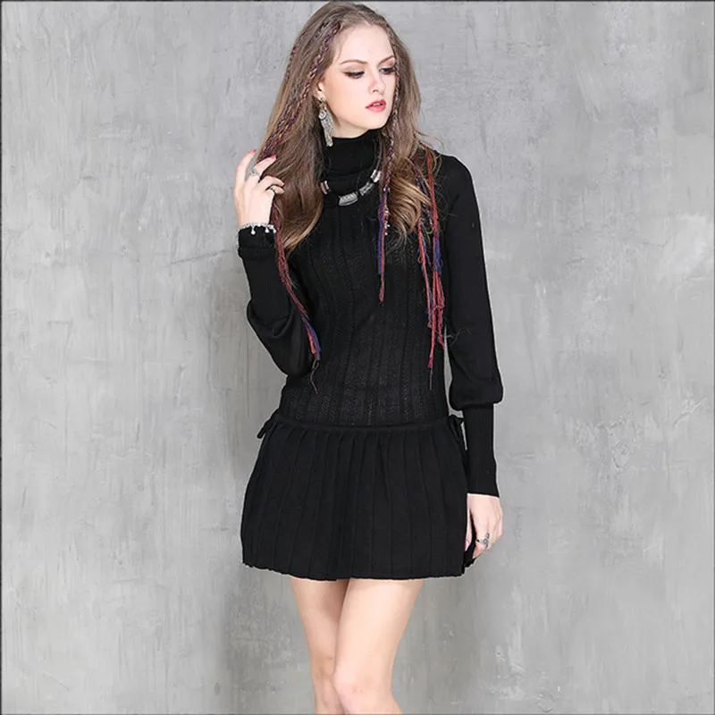 

High Quality Winter Warm Cotton Dress Black Long Sleeve Vintage Pencil Dress Women Knitted Dress Turtleneck Sexy Dresses