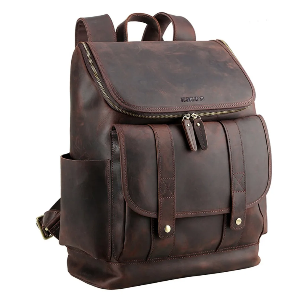 

KAVIS 100% Genuine Leather Crazy Horse Mens Backpack Large Capacity For Travel Casual School Bag Schoolbag for Laptop Handle