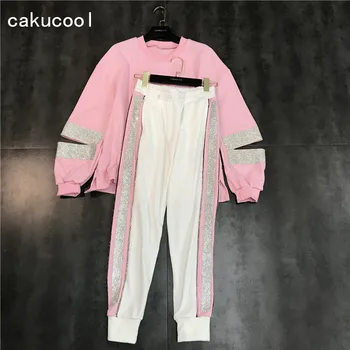 

Cakucool New Casual tracksuit O-neck sweatshirts Casual Suit Women clothing 2 Piece set Stamping Sequin pant Sporting suit Femme