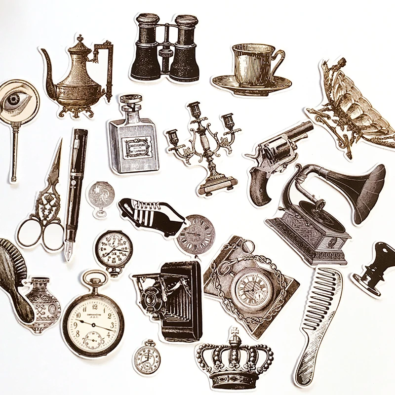 

24pc retro object telescope pocket watch pistol old things series diy ablum diary scrapbooking label sticker stationery