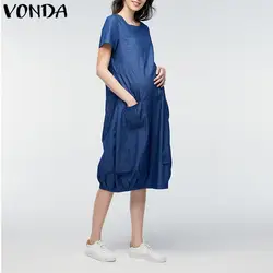 VONDA для беременных женщин, ежедневные свободное платье до середины икры 2019 летняя одежда для беременных Pregancy с коротким рукавом для мамы