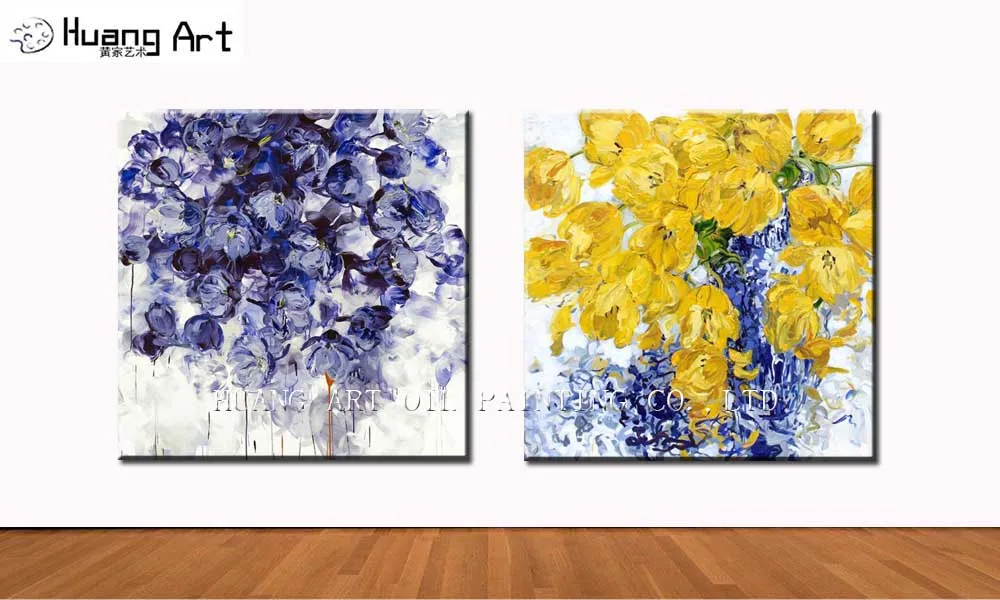 

Professional Artis Handmade Popular Yellow Oil Painting On Canvas Hang Modern Deep Purple Flower for Living Room Wall Painting