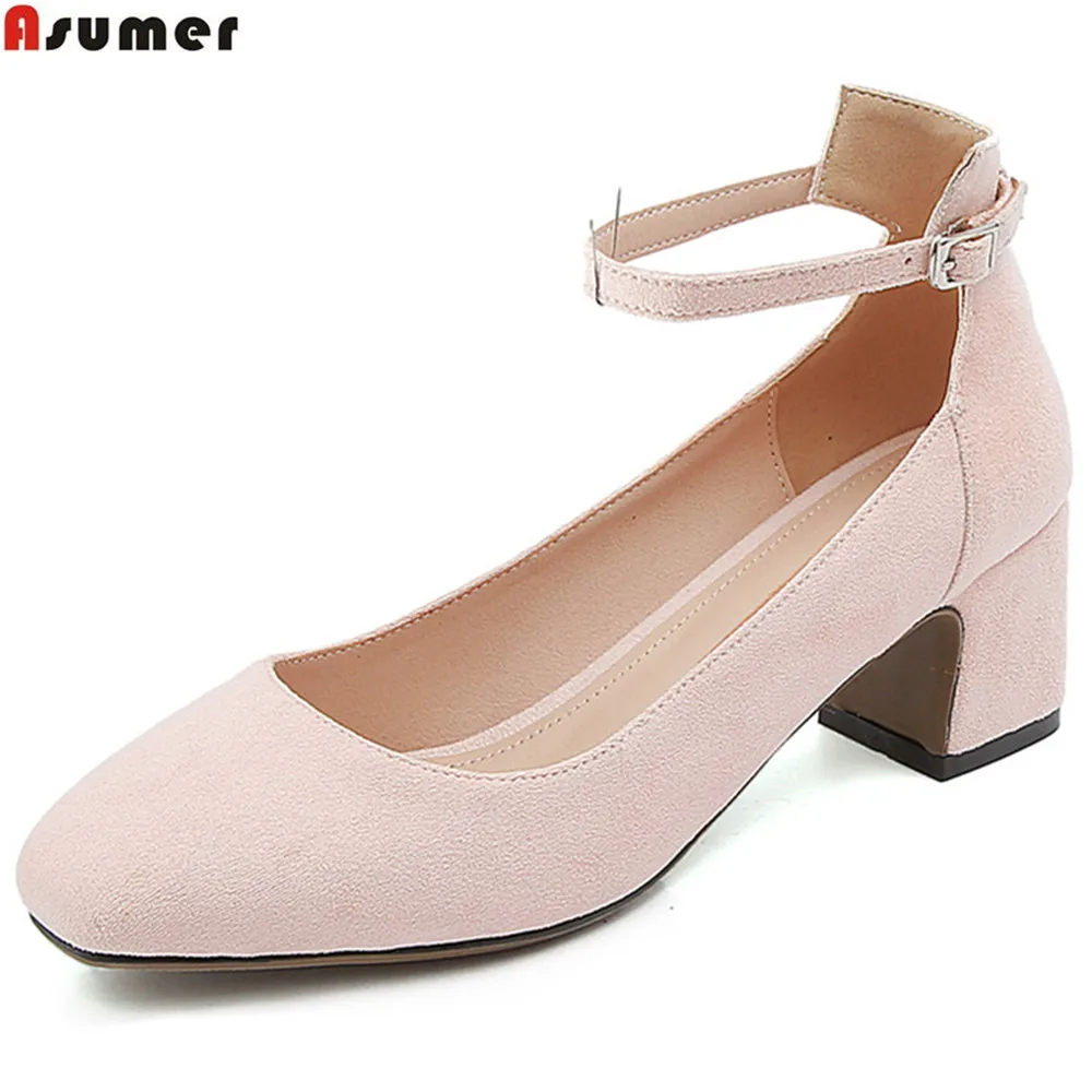 

ASUMER pink fashion spring autumn shoes woman square toe buckle casual flock square heel women high heels shoes big size 33-43