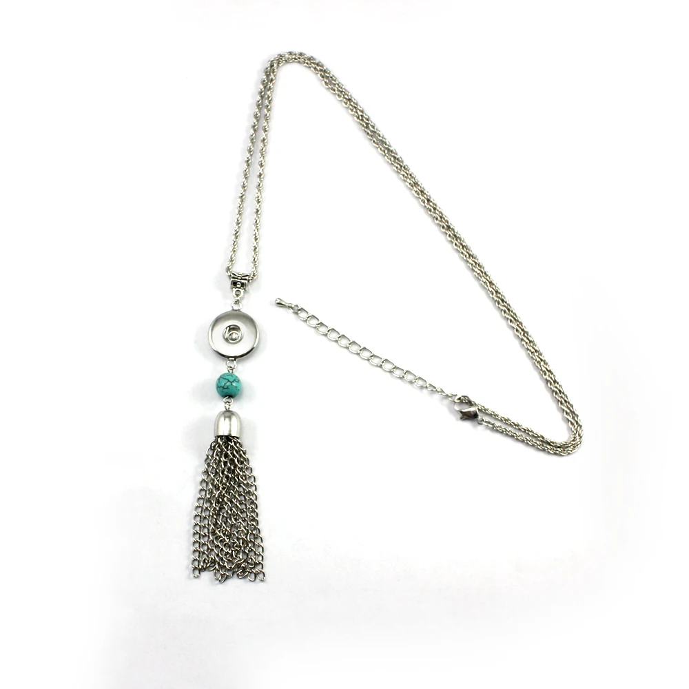 

(2 pieces/lot) Chain Tassel Turquoise Beads Interchangeable 18mm Button Pendant Snap Necklace