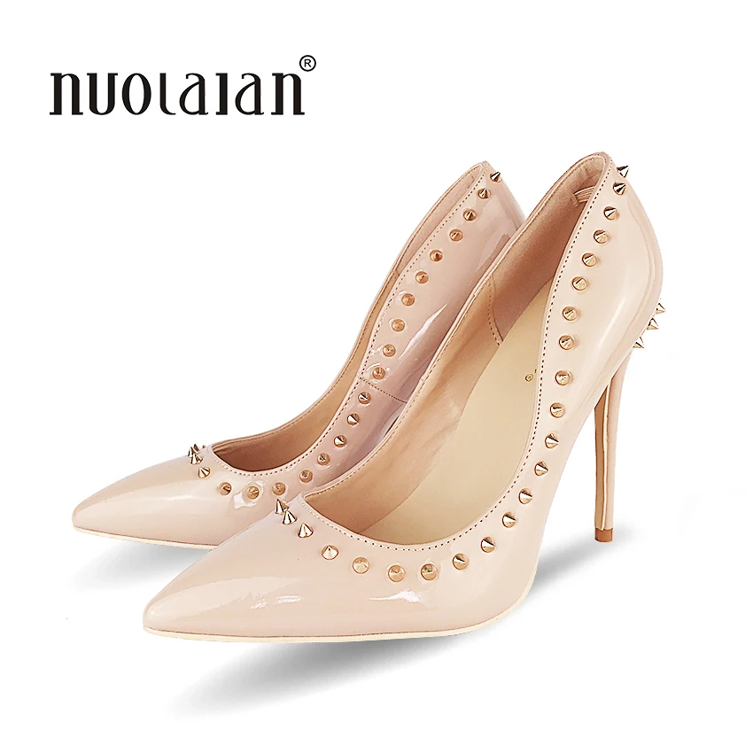 Rivets Shoes Woman High Heels Pointed Toe Sexy 12CM Heels Nude Patent Leather Ladies Shoes Fashion Wedding Shoes Pumps