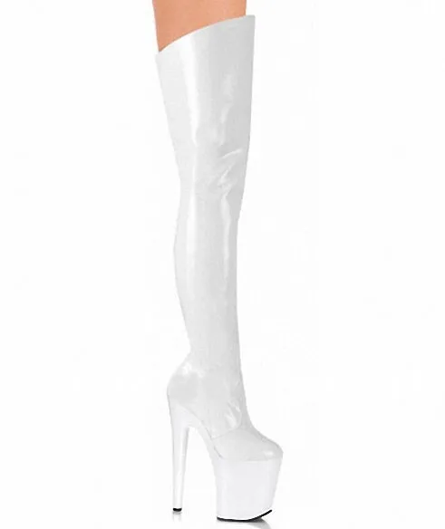 Пикантные женские сапоги-гладиаторы до колена на каблуке высотой 8 дюймов сапоги на высоком каблуке 20 см Клубные сапоги на платформе с высокой полоской черный белый