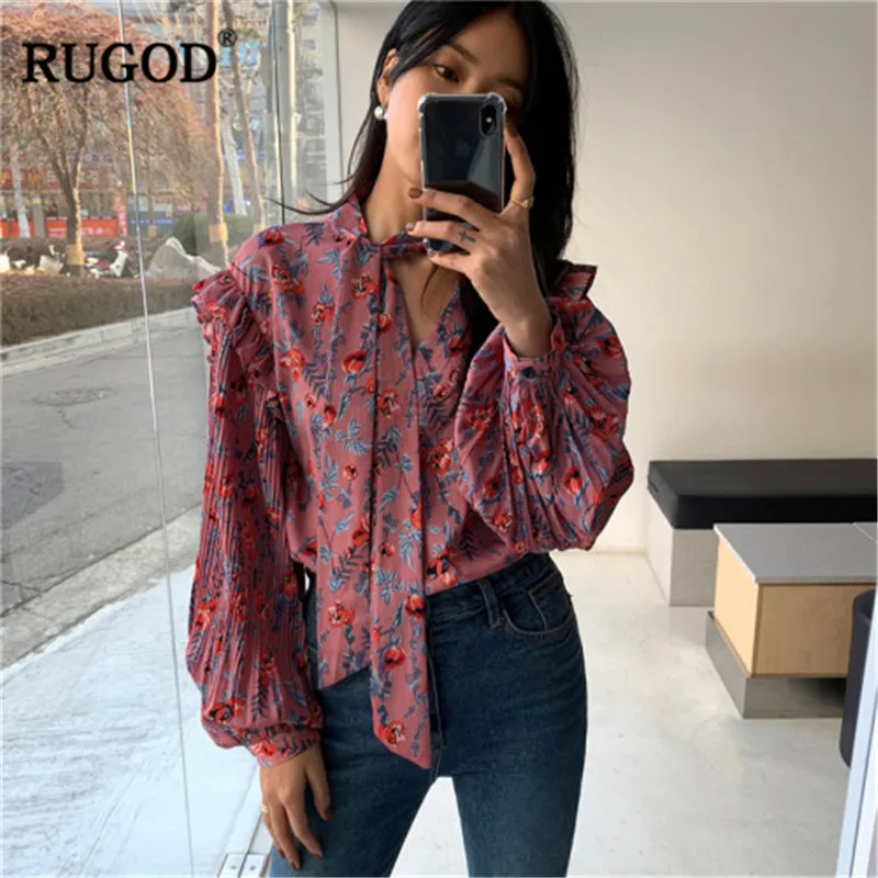

RUGOD 2019 Floral print women blouses band tied lantern sleeves chiffon elegant vintage spring modis shirts roupas feminina