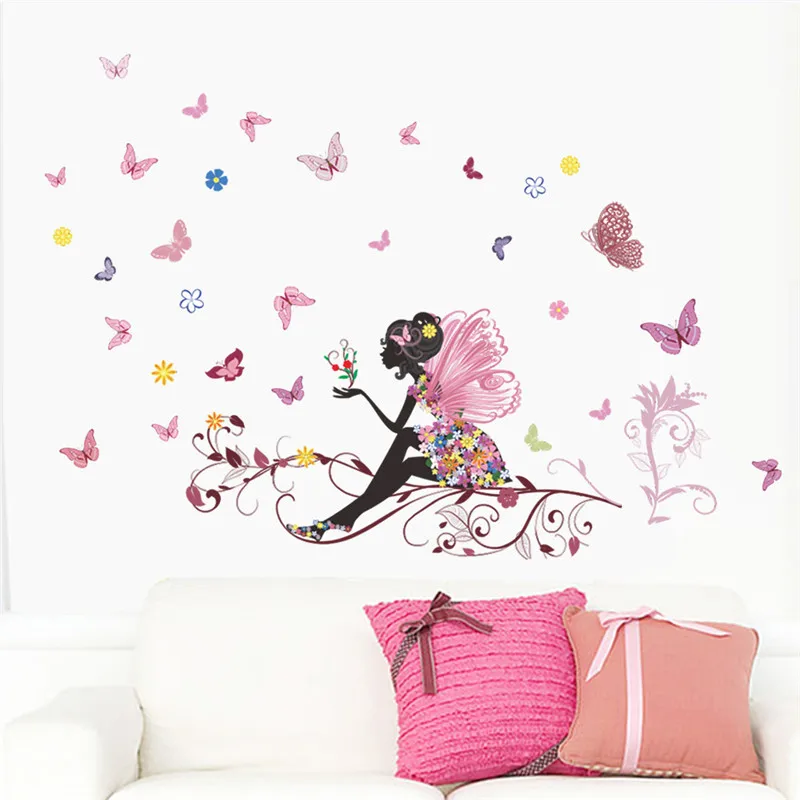 Бабочки, цветы, фея, наклейки на стену для детской комнаты, настенные украшения для спальни, гостиной, детской комнаты для девочек, наклейки на стену, плакат