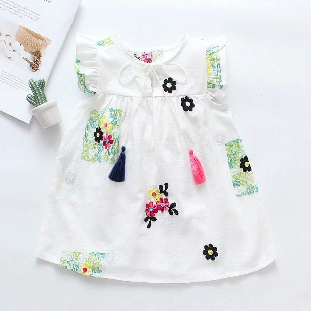 

Toddler Kids Baby Girls dress Floral Ruffled newborn dresses for baby girls clothes Embroideried Tassel Princess Casual Dress