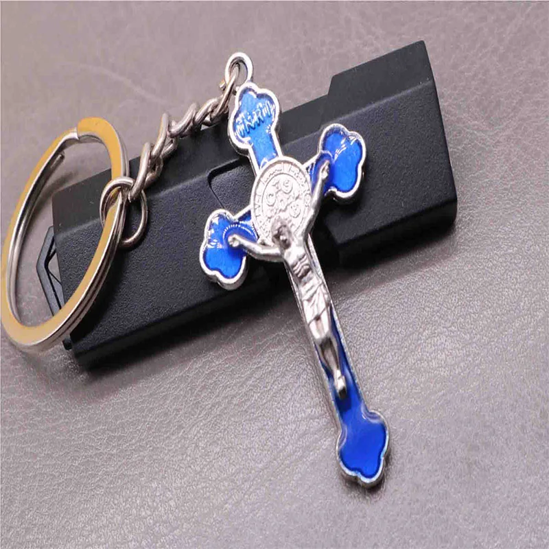 Catholic Charm Jesus Blue Colored Cross Key Chain, Classic Lace Cross