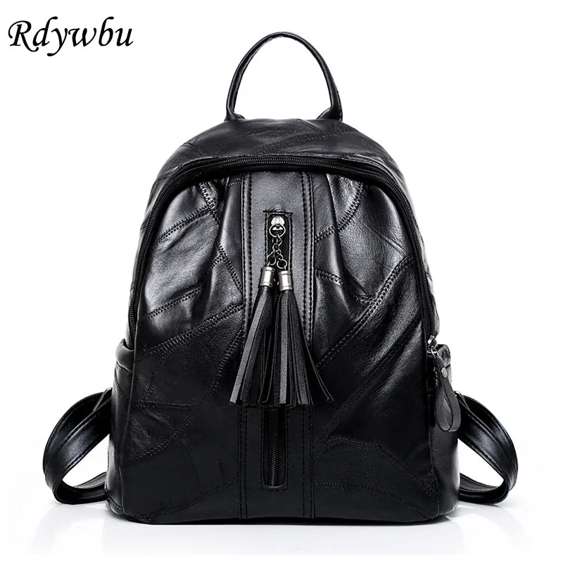 Rdywbu de cuero genuino borlas mochila de moda de las mujeres de piel de Oveja Negra de viaje mochila chicas saco un Dos bolsas de la escuela Mochilas B623 Rdywbu de cuero genuino borlas mochila de moda de las mujeres de piel de Oveja Negra de viaje mochila chicas saco un Dos bolsas de la escuela Mochilas B623