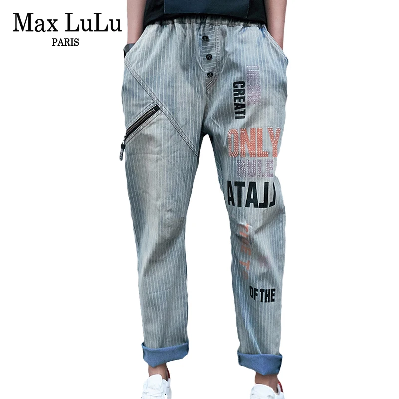 Max LuLu Fashion Zipper Designer Girls Harem Pants Women Punk Black Jeans Korean Woman 3d Printed Trousers Denim Pantalon Femme