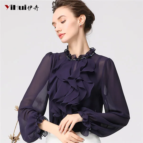 Purple Однотонная шифоновая блузка с 3D оборками, женские рубашки и топы, элегантные офисные женские блузки, модные рубашки с длинным рукавом и круглым вырезом, большие размеры - Цвет: Purple