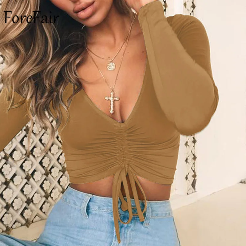 Forefair V Neck Sexy Long Sleeve Crop Tops Women Autumn 2018 Ruched Lace Up Casual Slim Black Winter Shirts Women 2018 Forefair V Neck Sexy Long Sleeve Crop Tops Women Autumn 2018 Ruched Lace Up Casual Slim Black Winter Shirts Women 2018