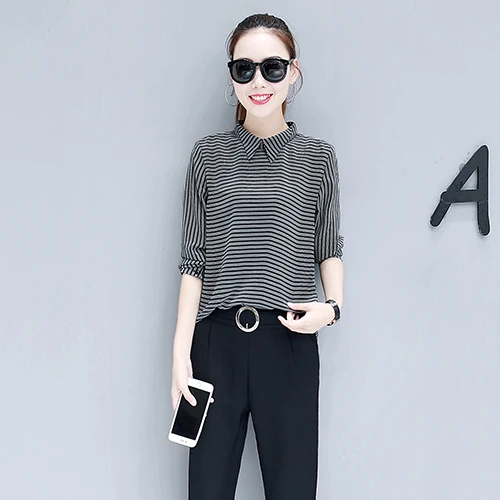 Women Stripe T Shirt Black Pants Outfit Autumn Chiffon Korean Fashion  Two-piece Clothing Set New Ol Casual Suite Size S-xxl - Pant Sets -  AliExpress