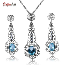 Szjinao ювелирные изделия из аквамарина натуральный жемчуг для женщин Ювелирные наборы вечерние 925 пробы серебро Винтаж набор из подвески и серег