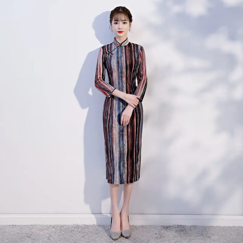 Новинка, полосатый китайский стиль, женское Qipao, Осень-зима, новинка, рукав три четверти, Cheongsam, Элегантное повседневное платье для девочек, Vestidos