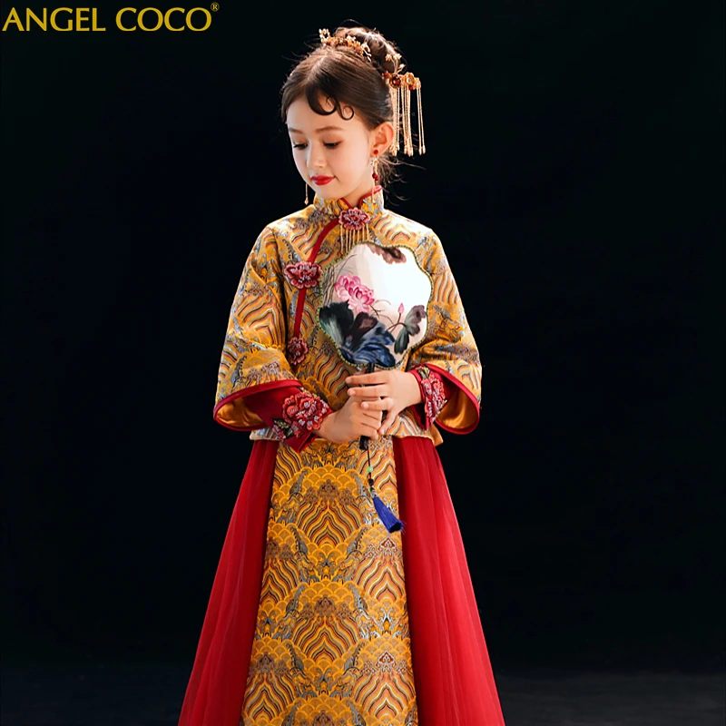 

2-Piece Suit Set Winter New Children's Dress Girls Costume Chinese Style Clothing Cheongsam Classical Elegant Dubai Abaya Kaftan